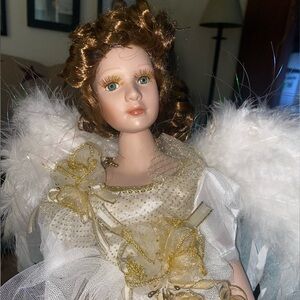 17” Porcelain Angel Doll No Markings Gold/white Dress W/Stand. Like NEW